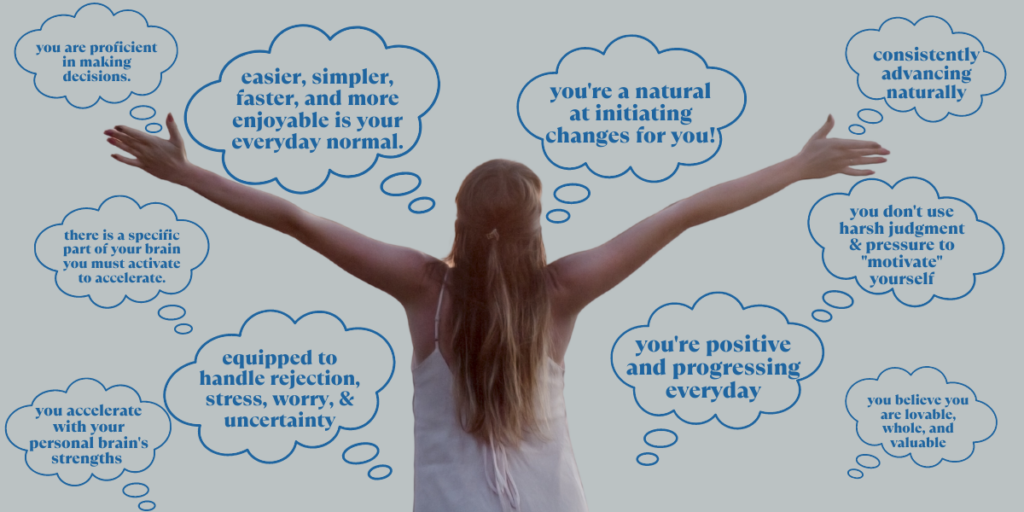 LIFE WITH A RELIABLE BRAIN-BASED SYSTEM:
-clarity
-understanding
-reliable system of tools and strategies you can use at any age, anytime and anyplace
-calmer
-focused
-confident
-secure in yourself
-safe to be yourself
-believable